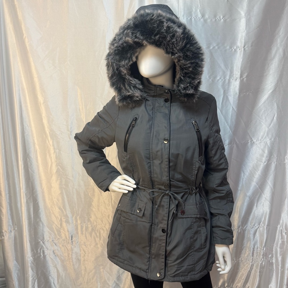Snobbish Charcoal Gray Hooded Parka Coat with Faux Fur Trim NWOT